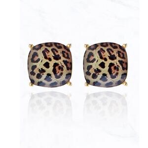 12mm Cushion Cut Post Stud Earrings Leopard Print